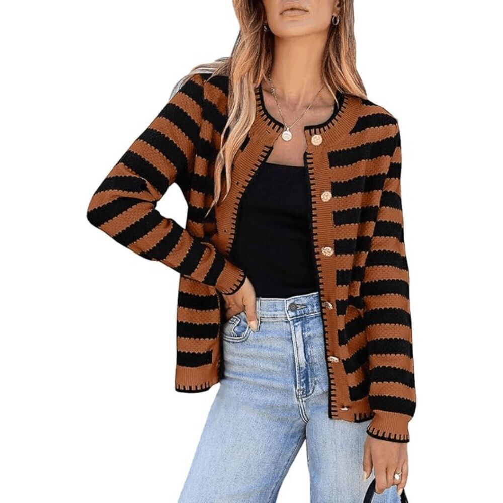 Women’s Sidefeel Brown & Black Striped Button-Down Cardigan Sweater–Size M & 2XL